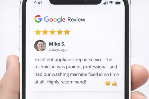 Close-up of a smartphone screen showing a 5-star Google review for an appliance repair company.