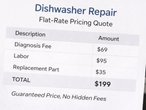 Close-up of displaying a transparent flat-rate pricing quote for a dishwasher repair.