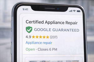 Close up of the green Google Guaranteed checkmark badge on a mobile search result.
