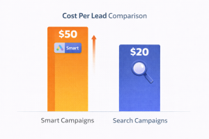 Comparison chart showing high cost per lead of Smart Campaigns versus Search Campaigns.