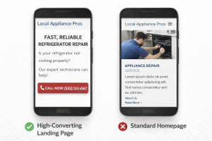 Comparison of a high-converting landing page versus a standard homepage on a mobile device.