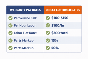 Comparison table showing warranty pay rates vs. direct customer rates