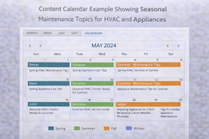 Content calendar example showing seasonal maintenance topics for HVAC and appliances