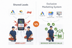 Diagram explaining the difference between shared leads and exclusive marketing systems