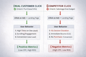 Diagram showing the difference between a real customer click and a competitor click.