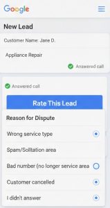 Dropdown menu showing valid dispute reasons for Google Local Services Ads leads.