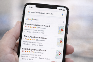 Example of Google Maps local pack results for appliance repair near me searches on a mobile phone.
