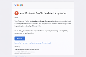 Example of a Google Business Profile suspension notice email for an appliance repair company