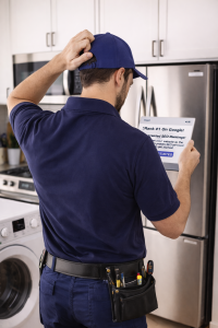 Frustrated appliance repair business owner reading a spam email promising guaranteed SEO rankings.