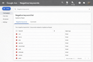 Google Ads dashboard showing negative keyword list for an appliance repair campaign.