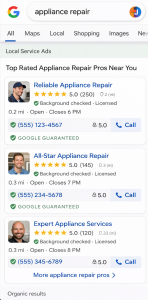 Google search result page on a mobile phone showing Local Service Ads for appliance repair.