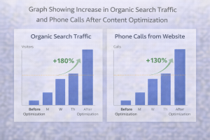 Graph showing increase in organic search traffic and phone calls after content optimization