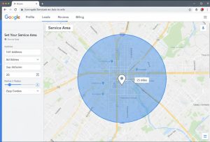 Map interface in LSA profile settings showing service area radius configuration