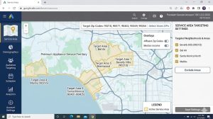 Map interface showing service area targeting settings focused on affluent zip codes and neighborhoods.
