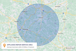Map showing a realistic service area radius for a local appliance repair business