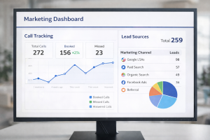 Marketing dashboard monitor showing call tracking data and lead sources for an appliance business.