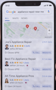 Mobile phone screen displaying Google Maps local search results for appliance repair