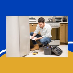 Professional appliance repair technician inspecting a high-end refrigerator in a modern kitchen.