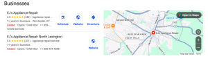 Screenshot of a verified Google Business Profile for an appliance repair service.