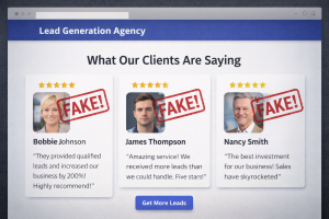 Screenshot example of fake testimonials on a lead generation agency website.