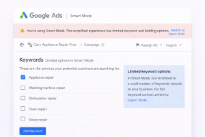 Screenshot of Google Ads dashboard showing limited keyword options in Smart Mode.
