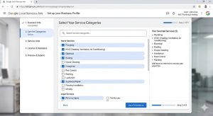 Screenshot of Google Local Services Ads profile setup screen showing service category selection