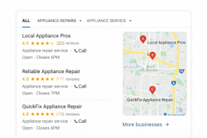 Screenshot of a Google Map Pack showing top three appliance repair results.
