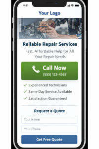 Screenshot of a mobile-optimized landing page with a large click-to-call button.