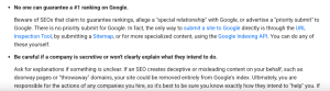 Screenshot of official Google Search Central documentation stating no one can guarantee a number one ranking