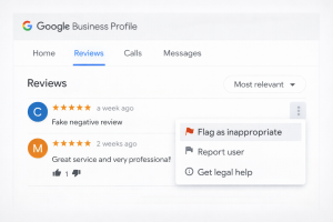 Screenshot of the Google Business Profile reviews tab showing the three-dot menu for flagging.
