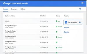Screenshot of the Google Local Services Ads leads tab showing call recordings and details.
