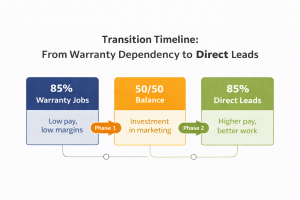 Simple flowchart showing the transition timeline from warranty dependency to direct leads