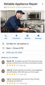 Smartphone screen displaying a fully optimized Google Business Profile with five-star reviews.