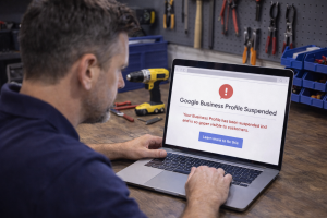 Technician checking a suspended Google Business Profile notification on a laptop in a workshop