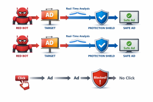 Visual representation of click fraud software blocking a red bot from clicking an ad.