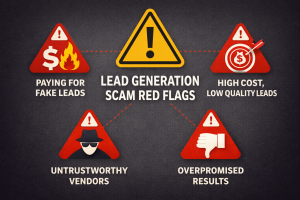 Warning sign graphic illustrating common lead generation scam red flags.