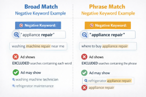 please generate an image for this, Visual comparison of broad match versus phrase match negative keyword examples.