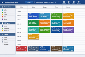 scheduling software showing a full day of booked service calls.
